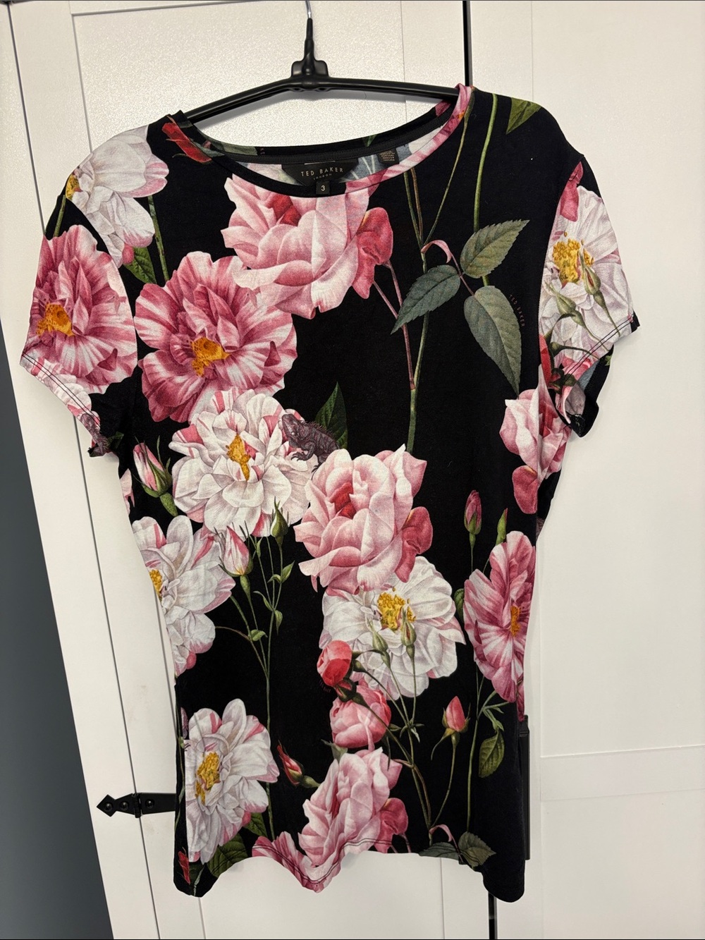 Ted Baker Black Floral Top with Pink and White Roses